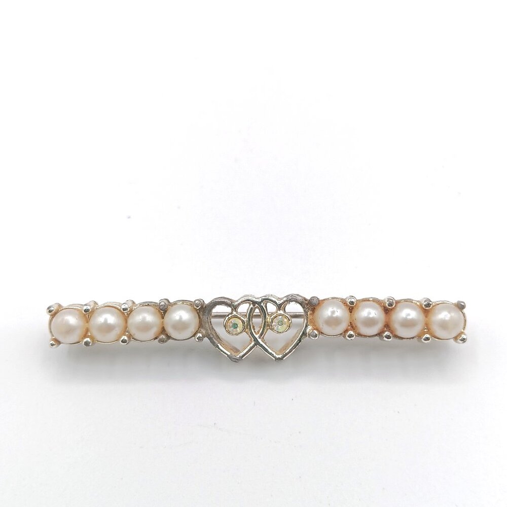 Vintage Sarah Coventry Intertwined Hearts Brooch 2.25” Pearls CZ Silver Costume